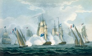 HMS Sirius, Kapitein Rowse in gevecht met een Franse Eskader bij de monding van de Tiber, 17 april 1806, gegraveerd door T. Sutherland voor 